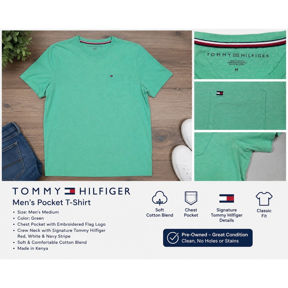 Tommy Hilfiger Mens Green Heathered Pocket T-Shirt Size M Crew Neck Short Sleeve